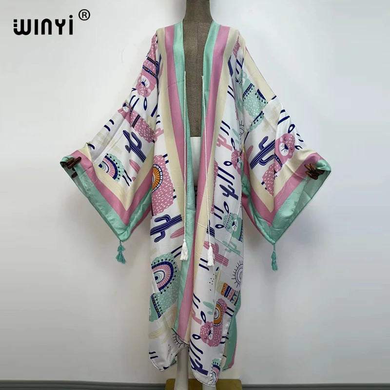 Sukienka Autumn 2021 WINYI Women Cardigan Loose Long Dress Cocktail Party Boho Maxi African Holiday Batwing Sleeve kimono Robe