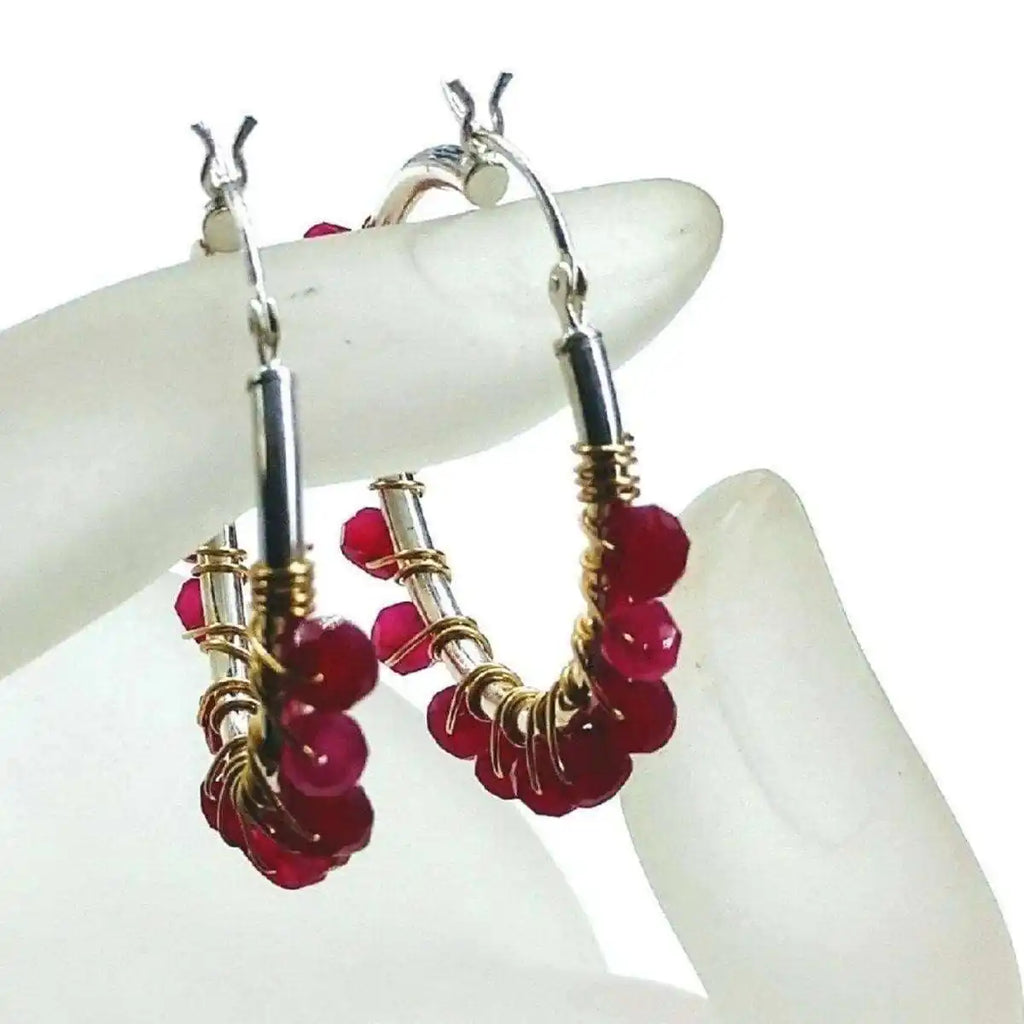 Hot Pink Chalcedony Silver Hoop Earrings