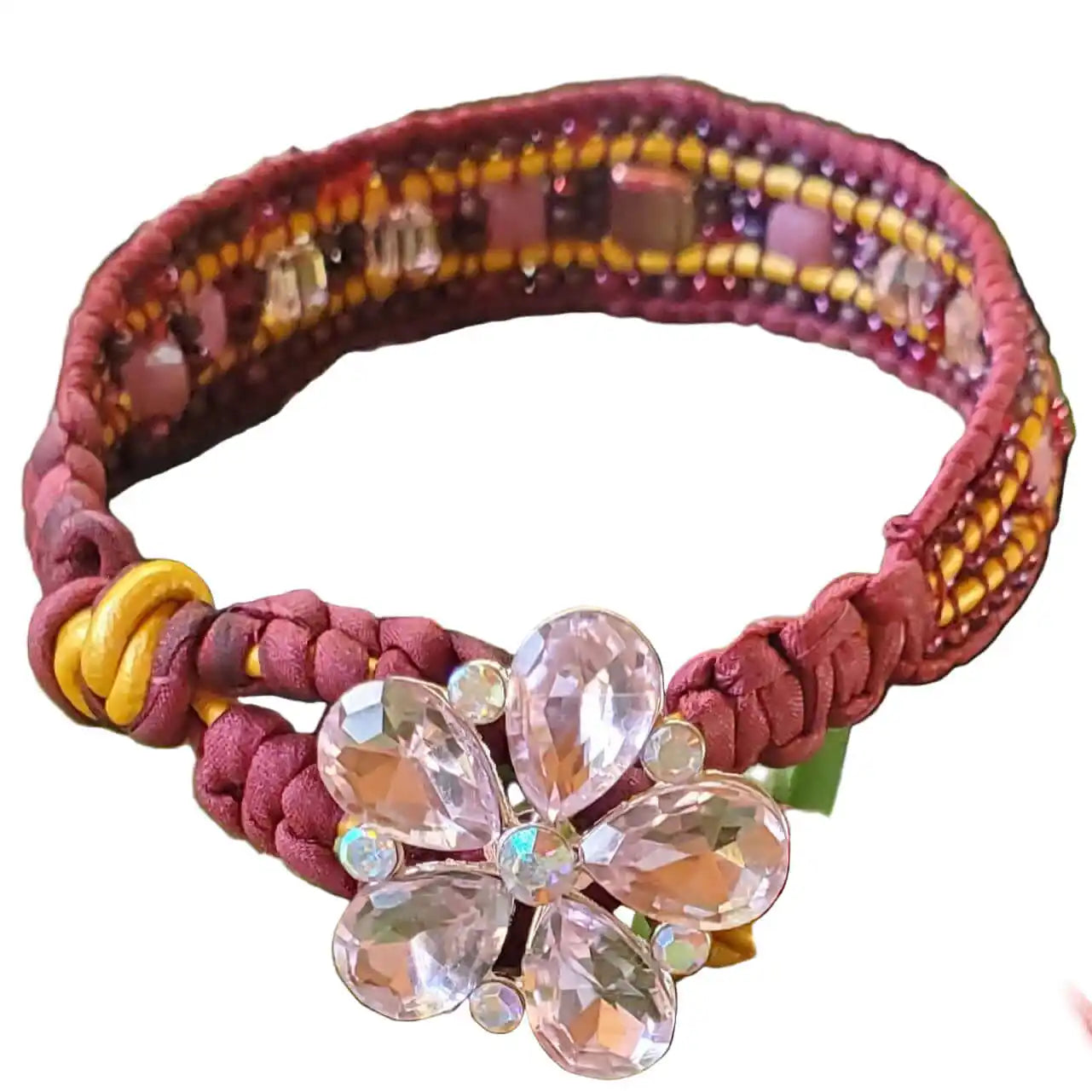 Intricate Silk Leather Bead Woven Crystal Gemstone Bracelet