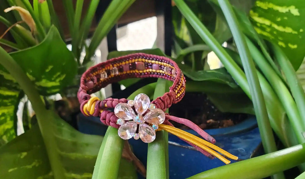 Intricate Silk Leather Bead Woven Crystal Gemstone Bracelet