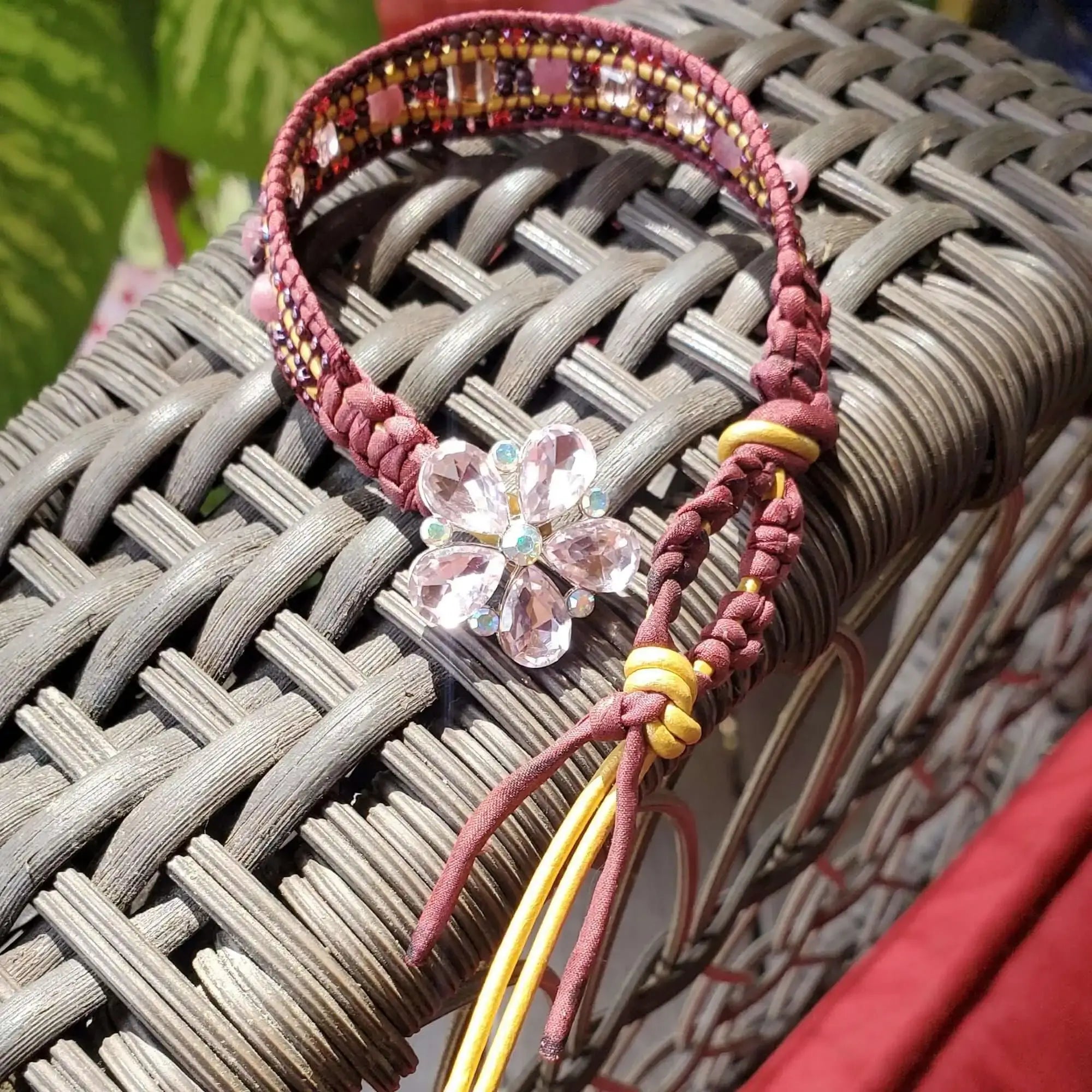 Intricate Silk Leather Bead Woven Crystal Gemstone Bracelet