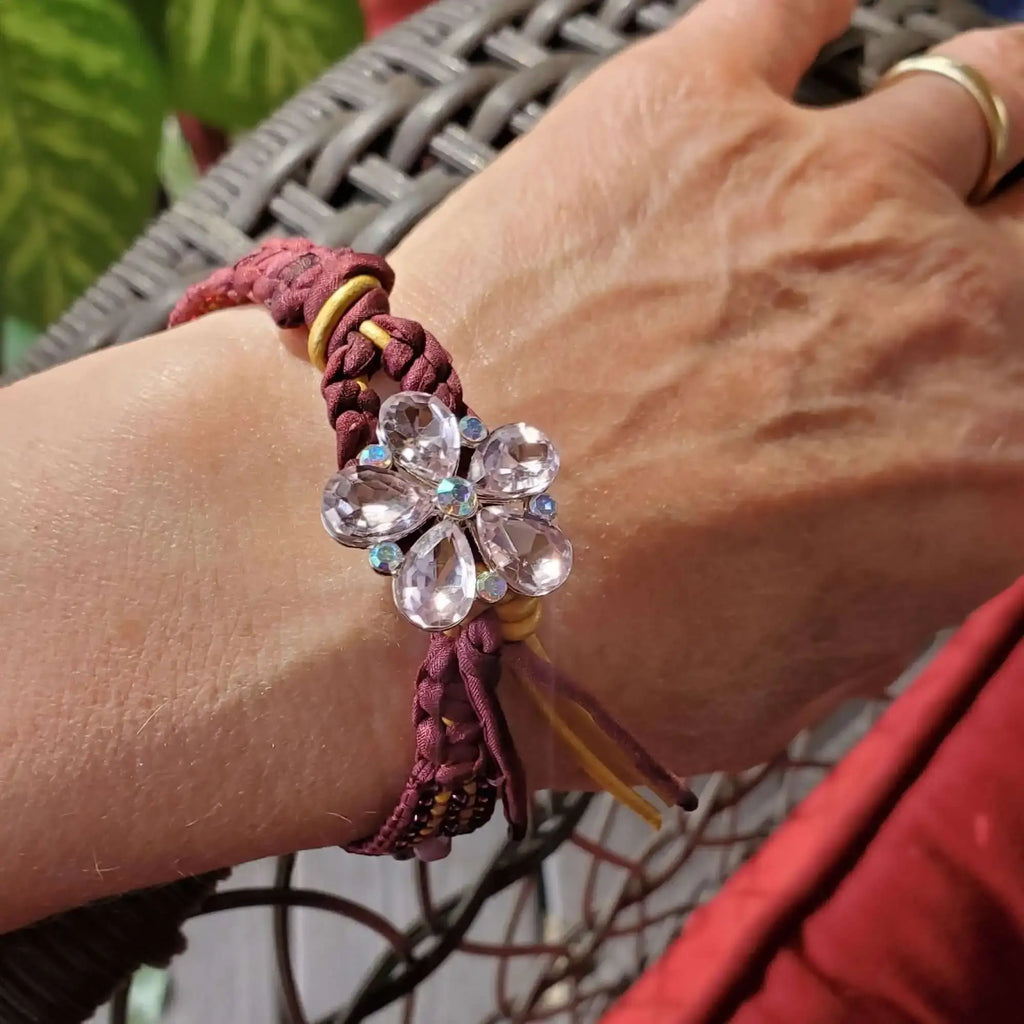 Intricate Silk Leather Bead Woven Crystal Gemstone Bracelet