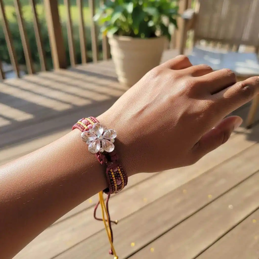 Intricate Silk Leather Bead Woven Crystal Gemstone Bracelet