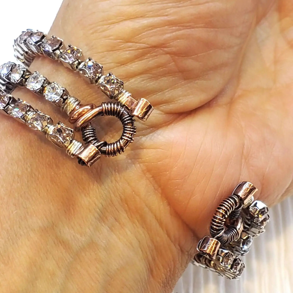 Large Copper Wire Wrapped Triple Glam Crystal Gemstone Cuff