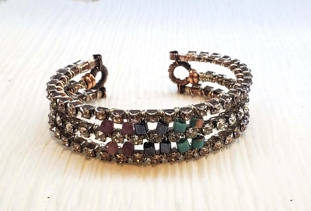 Large Copper Wire Wrapped Triple Glam Crystal Gemstone Cuff