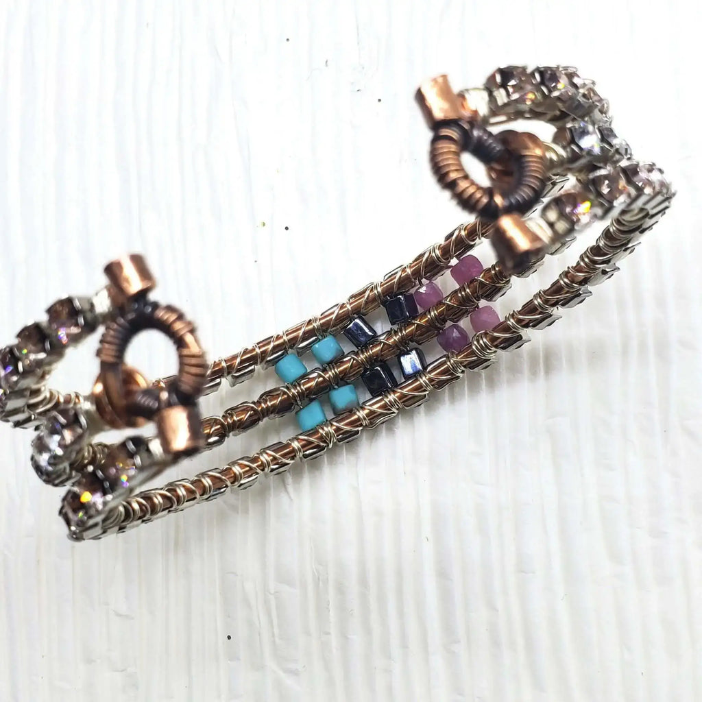 Large Copper Wire Wrapped Triple Glam Crystal Gemstone Cuff