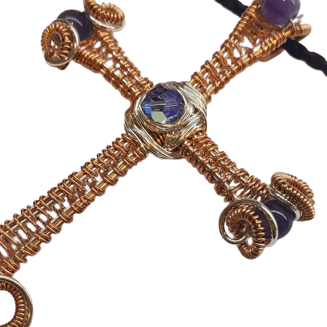Large Wire Woven Copper Silver Amethyst Cross Necklace