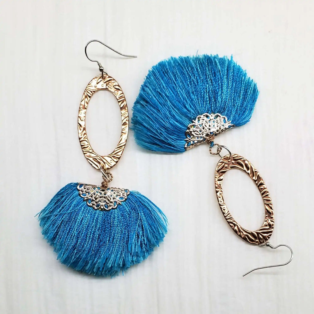 Long Copper Embossed Aqua Brushed Silk Fan Tassel Earrings