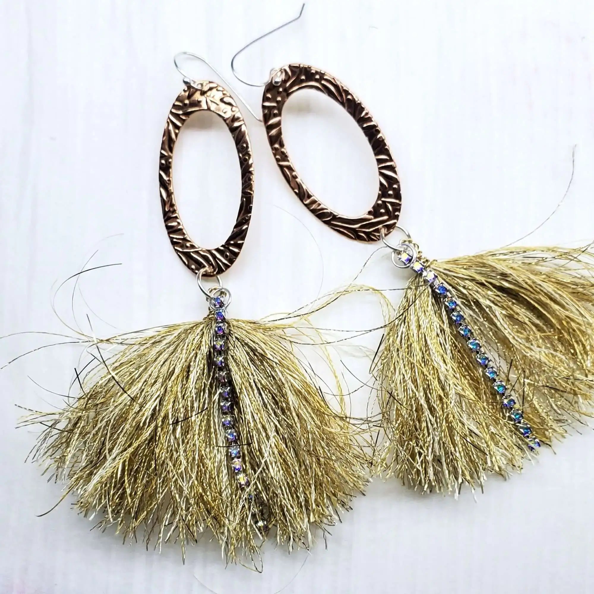 Long Copper Oval Embossed Metal Thread Tassel Earrings
