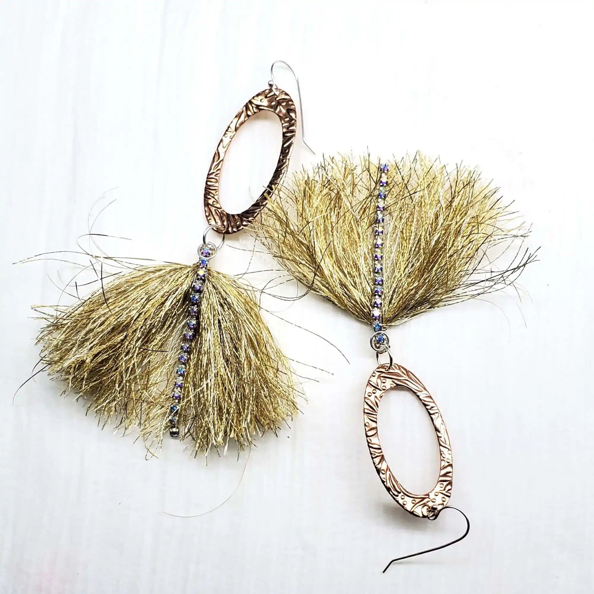 Long Copper Oval Embossed Metal Thread Tassel Earrings