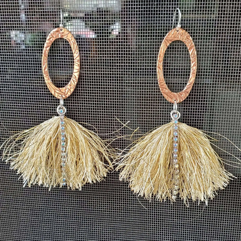 Long Copper Oval Embossed Metal Thread Tassel Earrings
