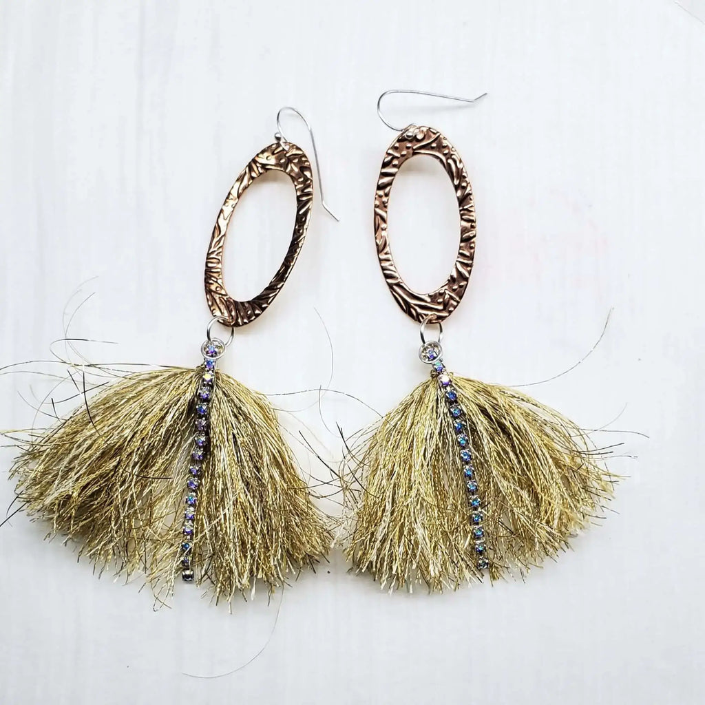 Long Copper Oval Embossed Metal Thread Tassel Earrings