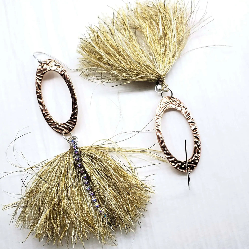 Long Copper Oval Embossed Metal Thread Tassel Earrings