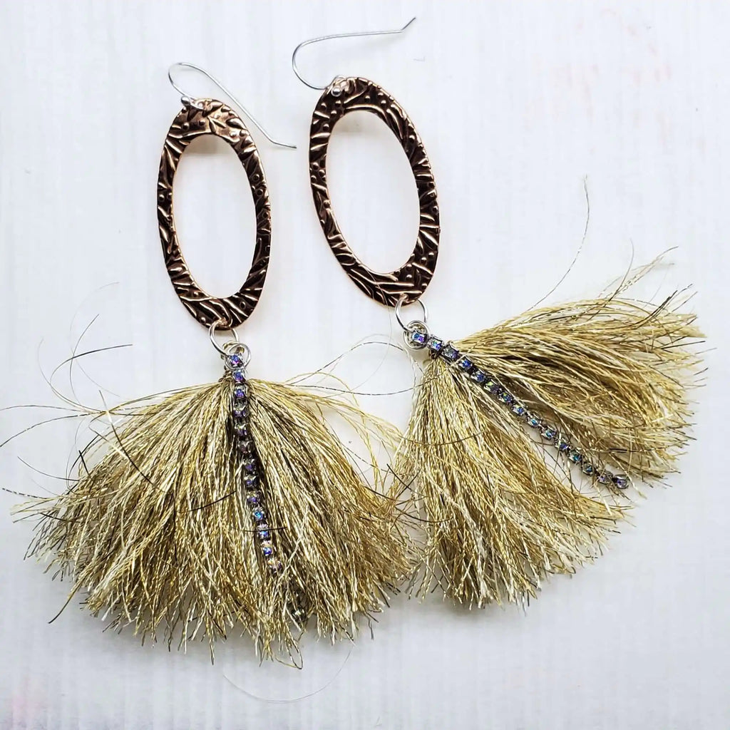 Long Copper Oval Embossed Metal Thread Tassel Earrings