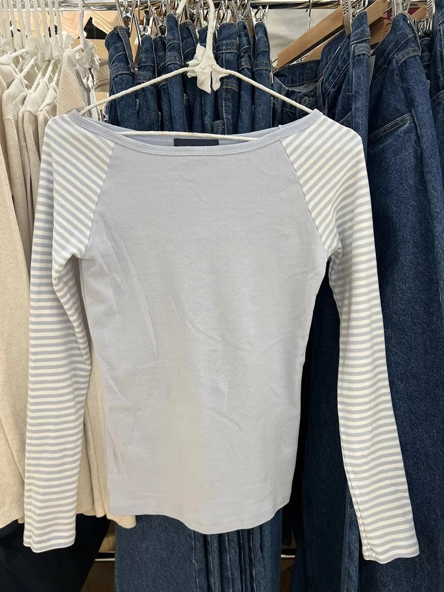 Solid Patchwork Long Sleeve T-shirt Women Summer New Off Shoulder Raw Hem Slim Tee Shirts Preppy Style Simple Casual Tops Tshirt