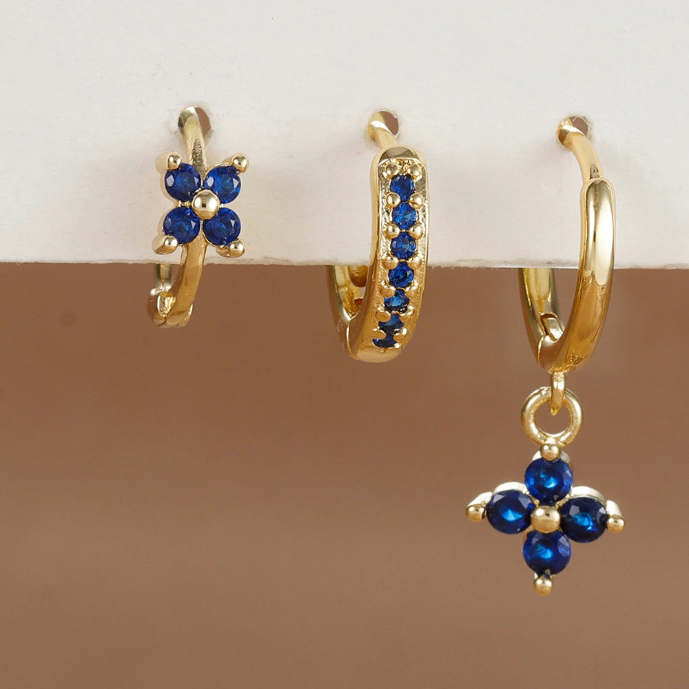 3PCS Trendy Stainless Steel Flower Drop Earring Set For Women Crystal Zirconia Dangle Earring Hypoallerg Piercing Jewelry aretes