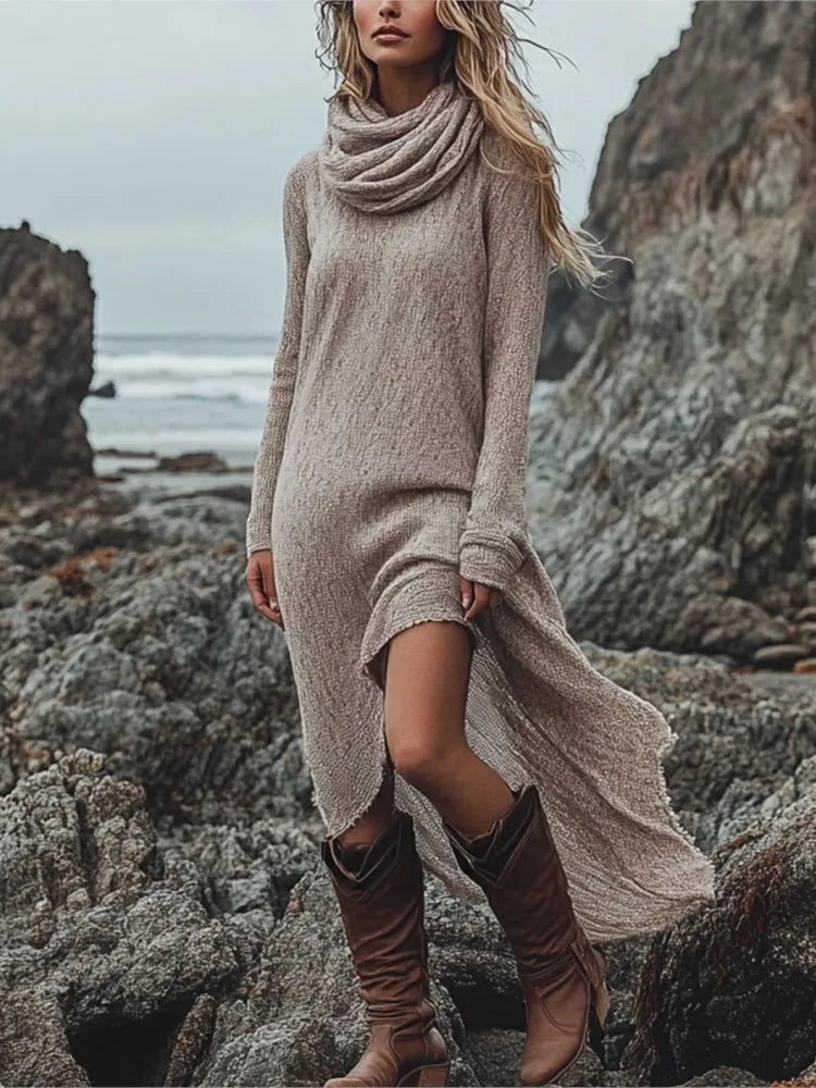 Elegance Heaps Collar Loose Dress For Woman Fashion Irregular Hem Long Sleeves Casual Dresses Spring Autumn Lady Solid Vestidos