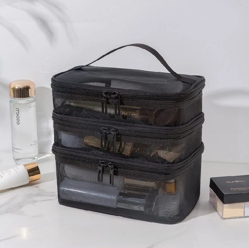 Bathroom Travel Mesh Makeup Storage Bag Cosmetics Make Up Skincare Organizer Box Plastic Container Handbag For Women Men