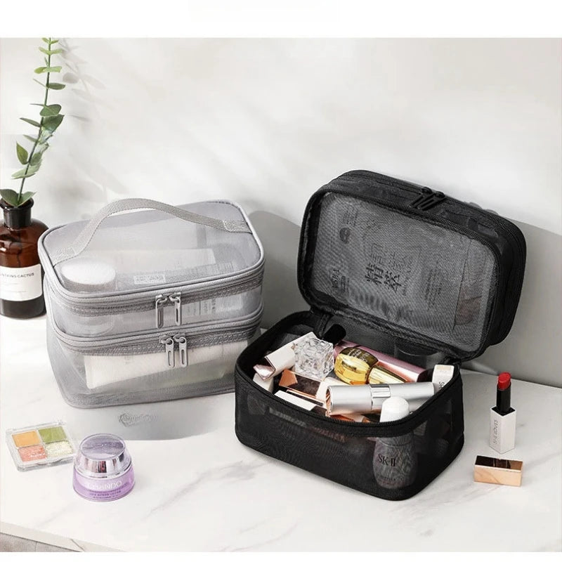 Bathroom Travel Mesh Makeup Storage Bag Cosmetics Make Up Skincare Organizer Box Plastic Container Handbag For Women Men