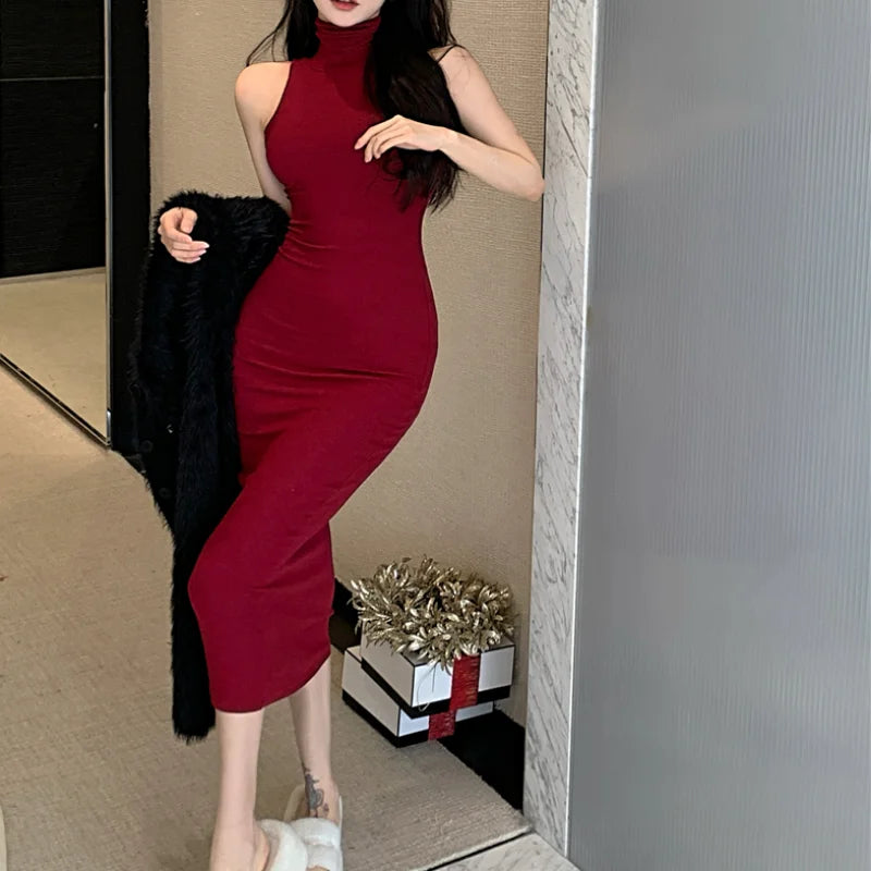 Summer Women Sexy Slim Turtleneck Sleeveless Dresses Female Vestidos Tank Dress Woman Skinny Elastic Culb Pencil Dresses