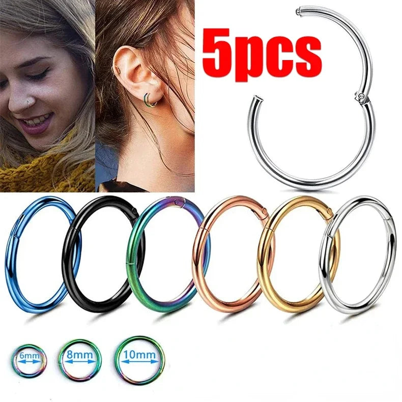 5pc 6/8/10mm Nose Ring Hinged Clicker Segment Nose Rings Helix Cartilage Septum Hoop Surgical Stainless Steel Seamless Earrings