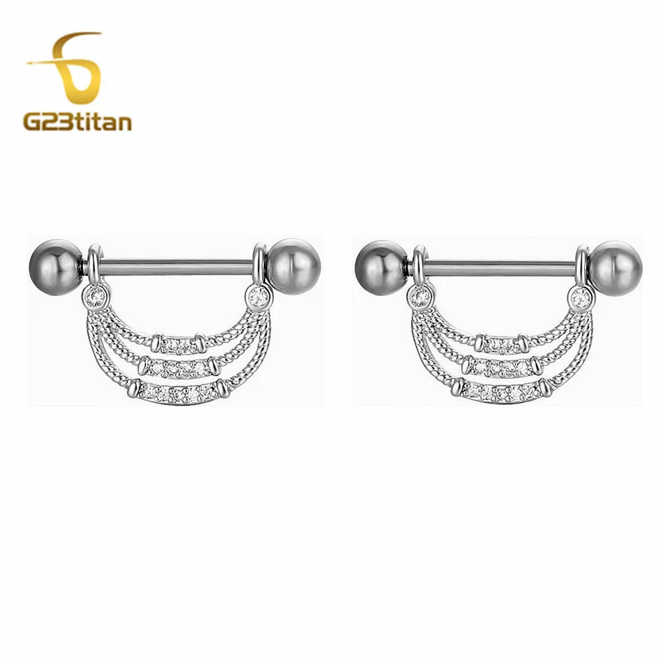 2pcs Silver Color Zircon Nipple Rings Allergy-free 14G 16mm Titanium Straight Barbell Piercing Sexy Beach Jewelry Woman Ornament