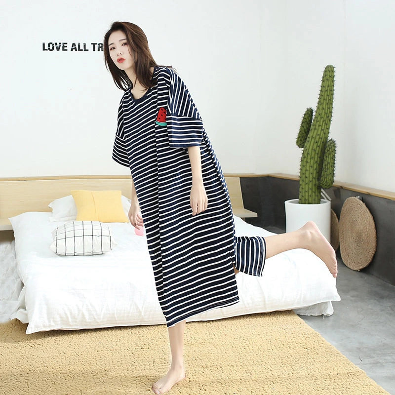 Summer Pajama Dress Female Short-Sleeved Cartoon Home Wear Lengthened Plus Size Striped Student Pajamas Easy To Wash Long