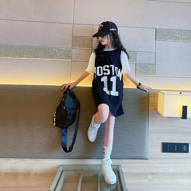 2026 Summer Girls Long T-shirt Dress Korean Cotton Short Sleeved Children Patchwork Letter Casual 6 8 10 12 14 Year Kids Tops