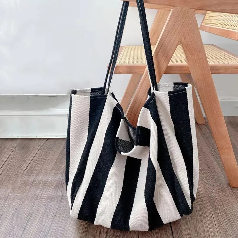 Summer Stripe Canvas Tote Bag Female Casual Large Capcity Simple Shoulder Bags Shopping Handbag Daily Totes Bag