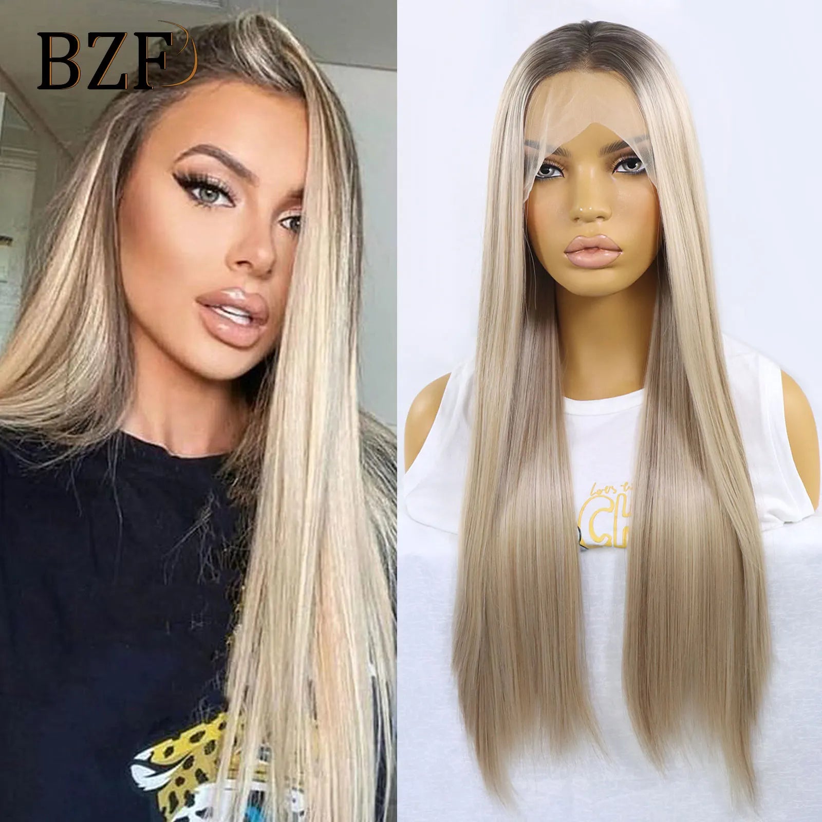 28 Inch Blonde Highlight Synthetic Lace Front Wigs Brown Body Wave Colored Glueless Wig Heat Resistant Hair For Women Daily Use