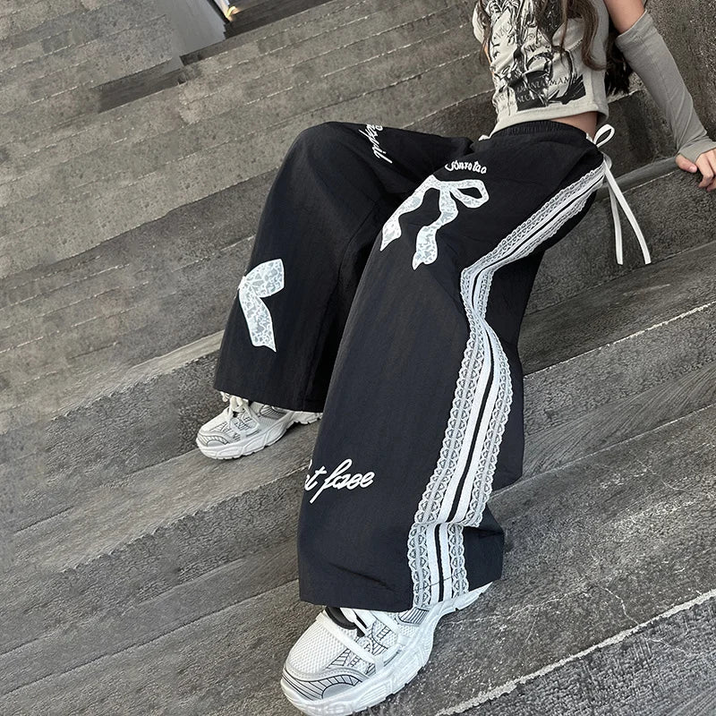 Children Black Casual Pants With Lace Bow For Girls Spring Fashion Lace Tousers Kids Loose Casual Wide Leg Sweatpants Streetwear