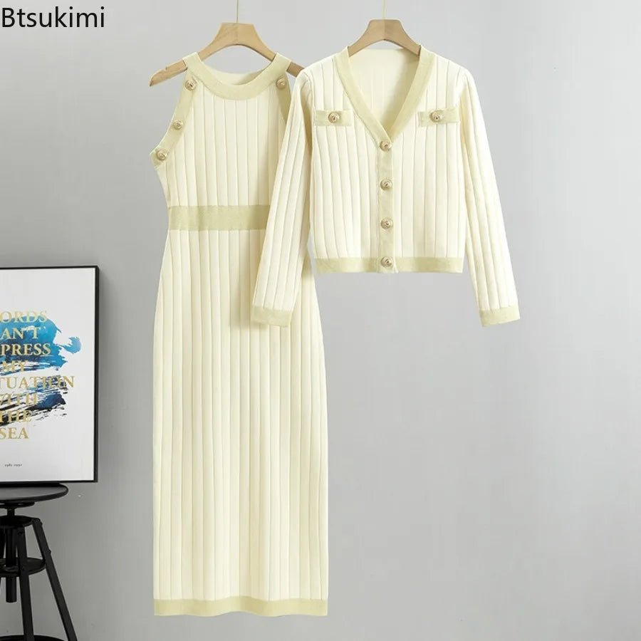 French Style Dress Sets Women's High Waist Knitted Two-pieces Sweater Tant Dress and Coats Spring Autumn Fashion Elegant Outfits