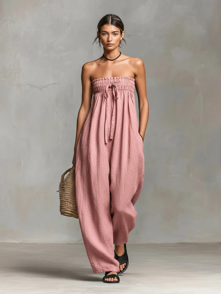 Elegant Sexy Off Shoulder Jumpsuit Women 2026 Summer Ruched Lace-up Sleeveless Backless Romper Casual Wide Leg Pocket Overalls