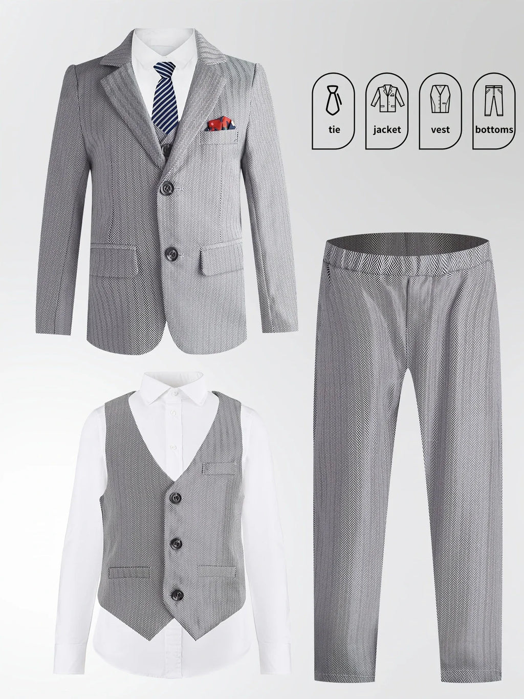 Gentleman Kids Spring White 4Pieces/Set Jacket Vest Pants Bowtie 4Pieces Wedding Suit Boys Photography Dress Children Costume