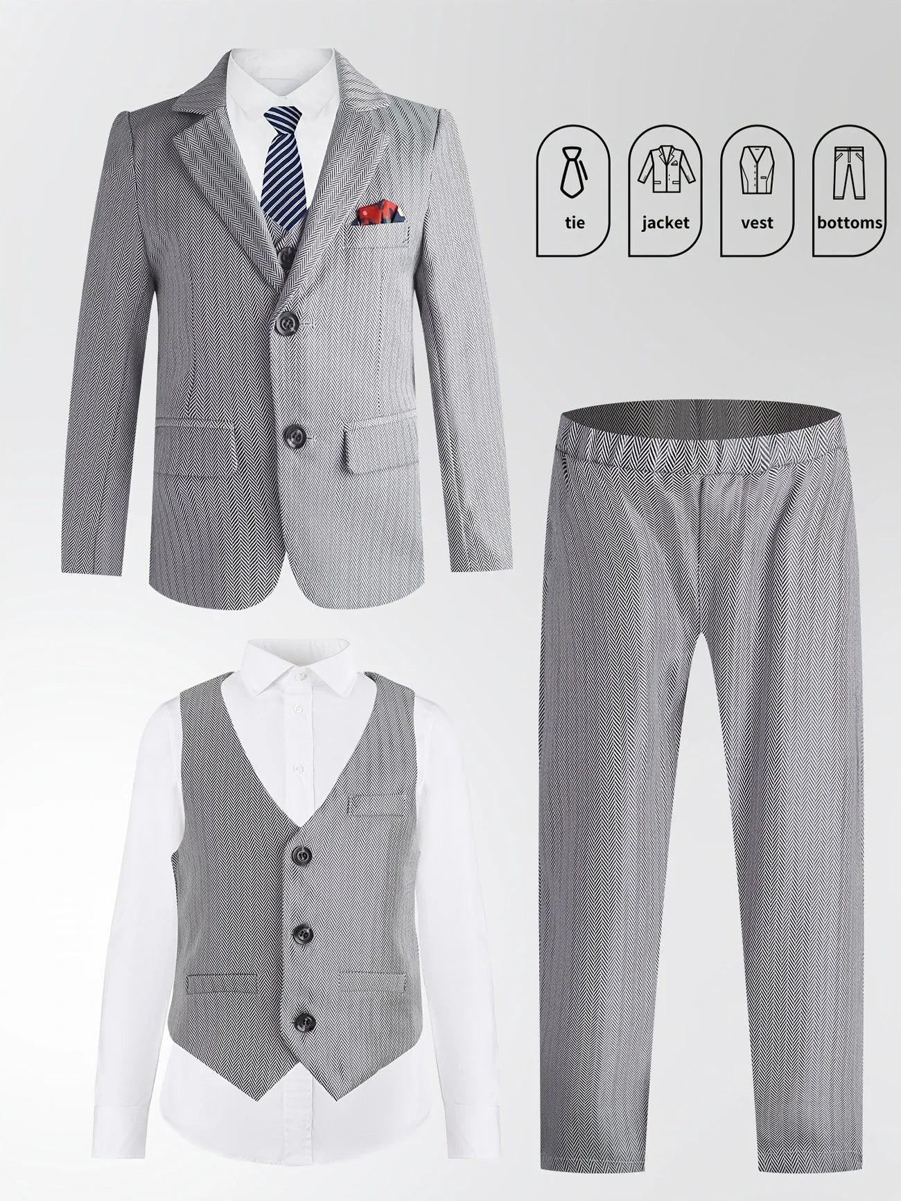Gentleman Kids Spring White 4Pieces/Set Jacket Vest Pants Bowtie 4Pieces Wedding Suit Boys Photography Dress Children Costume