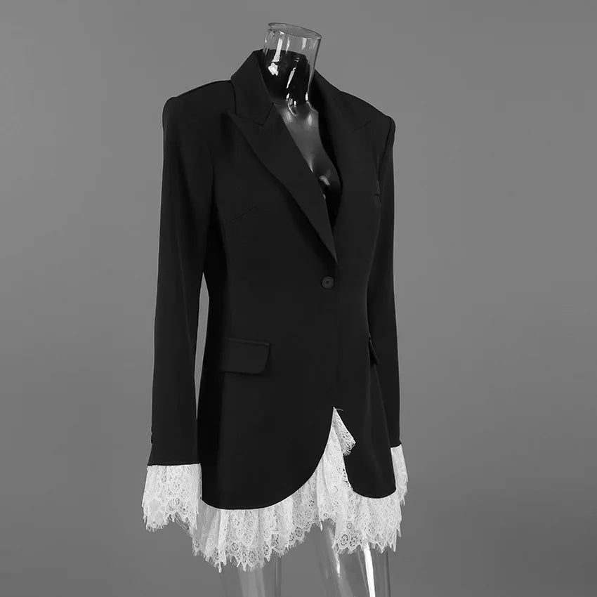 BKLD 2026 Autumn New Sexy V-Neck Lace Patchwork Black Dress Elegant Temperament Long Sleeve Blazer Short Dresses Women Clothing