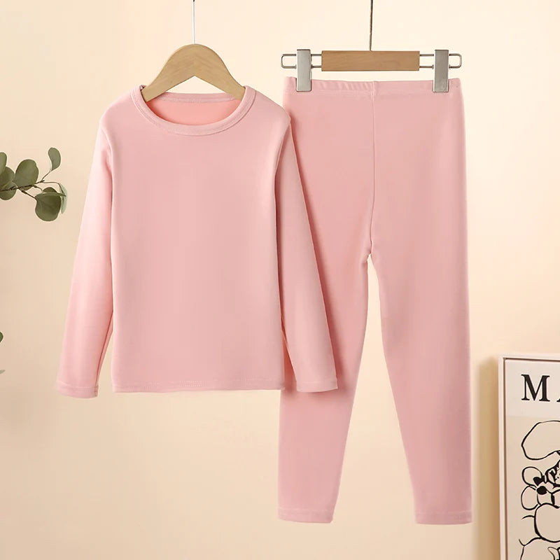 Children's solid color warm suit boys and girls grinding wool autumn clothes and trousers 2-piece home clothes plus size
