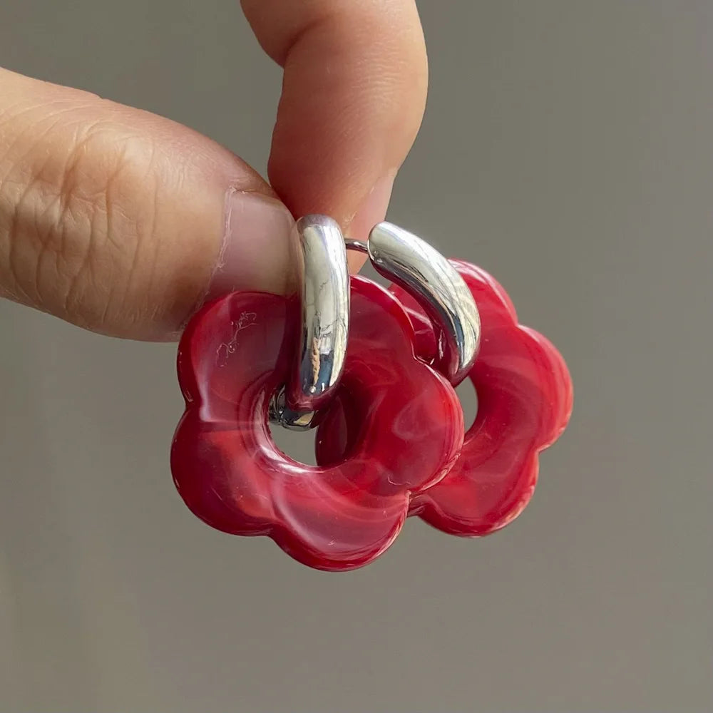 Multicolor Transparent Acrylic Resin Marbling Flower Drop Earrings