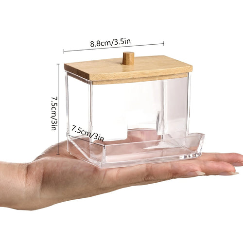 Acrylic Cotton Swab Holder with Bamboo Lid - Clear Cotton Swab Dispenser Bathroom Container Cotton Swab Canister