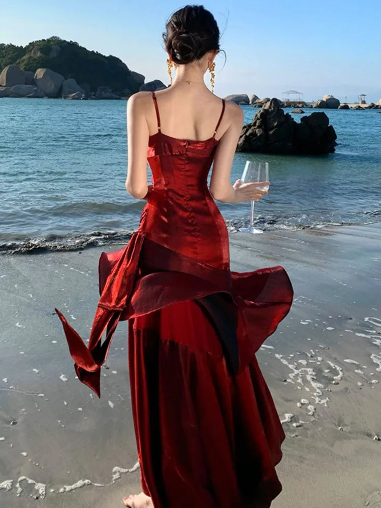 Elegant Ruffle Womens Dresses Sexy Spaghetti Strap Evening Birthday Party Dress Wedding Prom Vestidos Long Robe Female Clothing