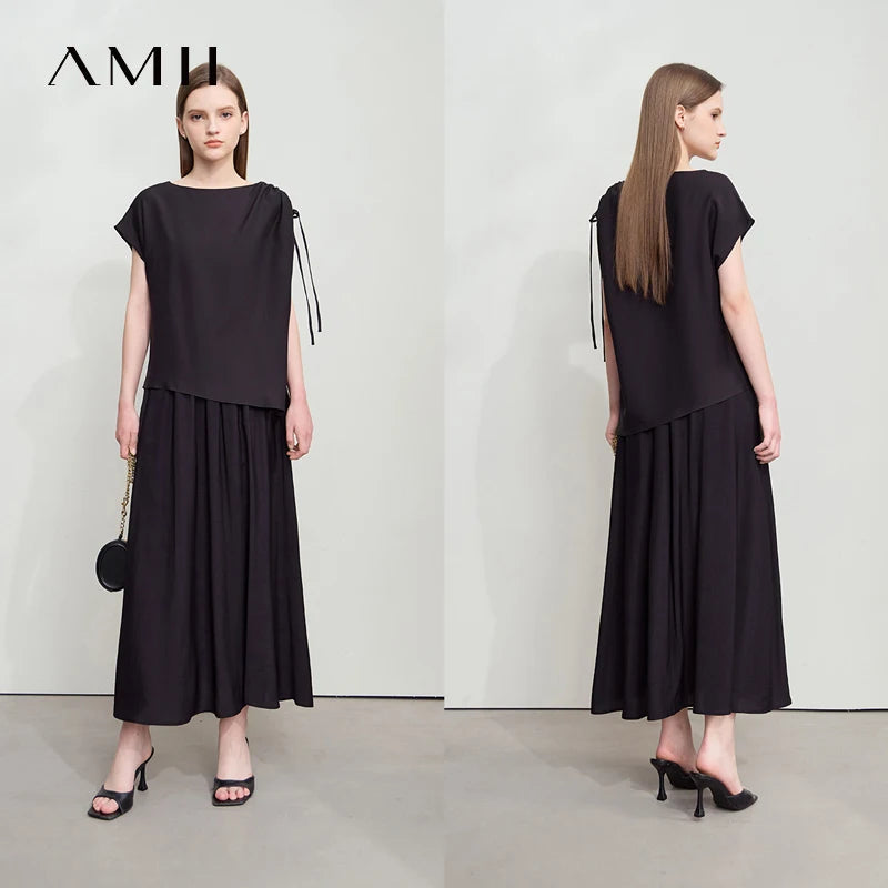 Amii Minimalism Chiffon Shirt Half Skirt Women 2025 Summer New Basic Solid Color Shirt Sold Separate Draw Pleat Skirt 12552059
