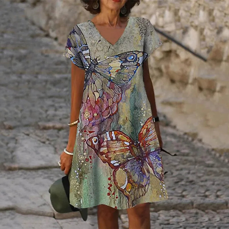 3D Peacock Floral Print Dresses For Summer 2022 New Women Fashion Short Sleeve V-Neck Loose Dress Vintage Oversized Ladies Dress