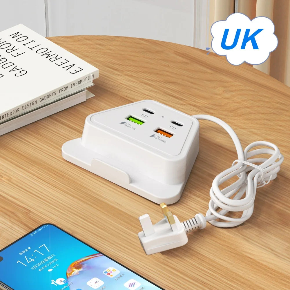 4 in 1 Desktop Charging Station 2PD 2USB Fast Charger Power Strip with EU UK US Plug USB Hub Adapter Socket for Multiple Devices