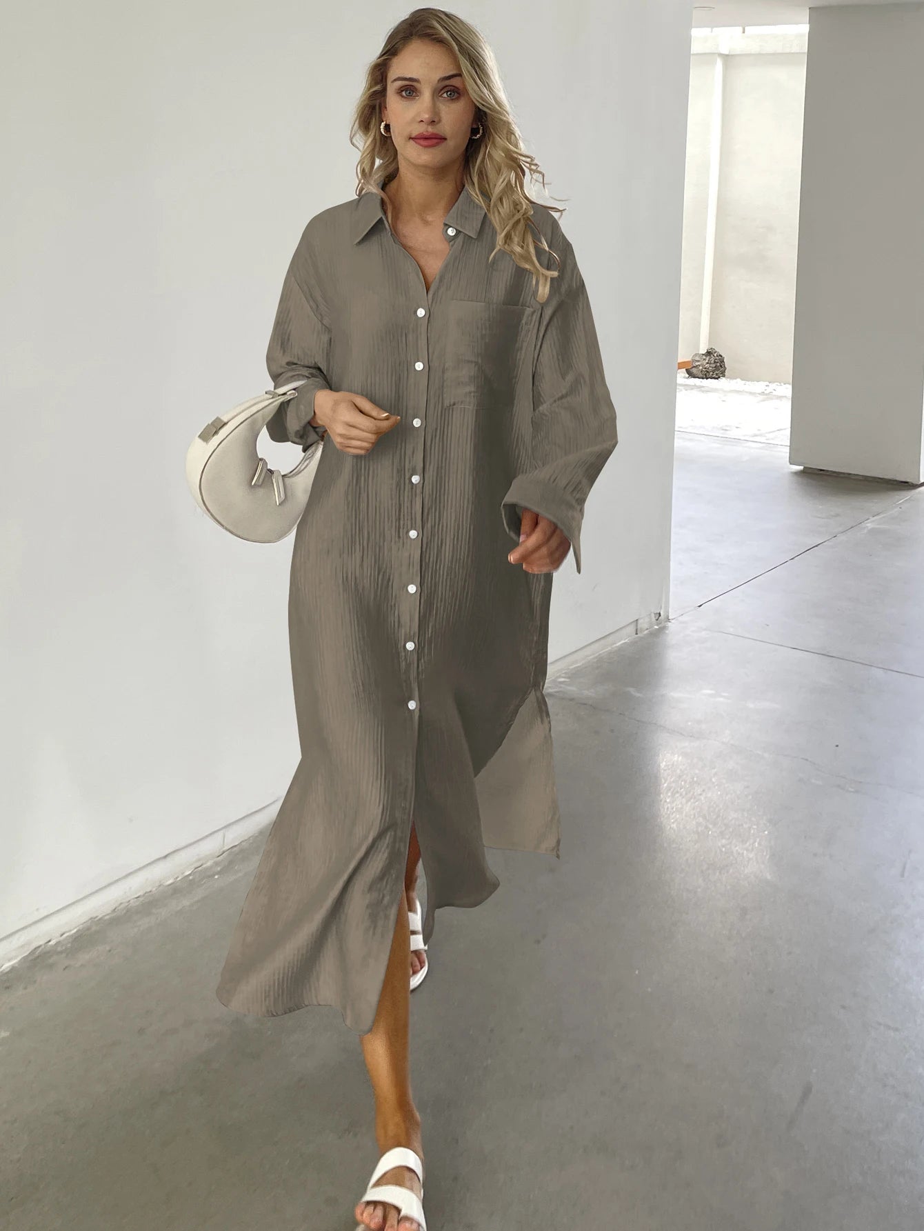 New Design 2025 Women Summer Long sleeve Basic Shirt Maxi Long dress