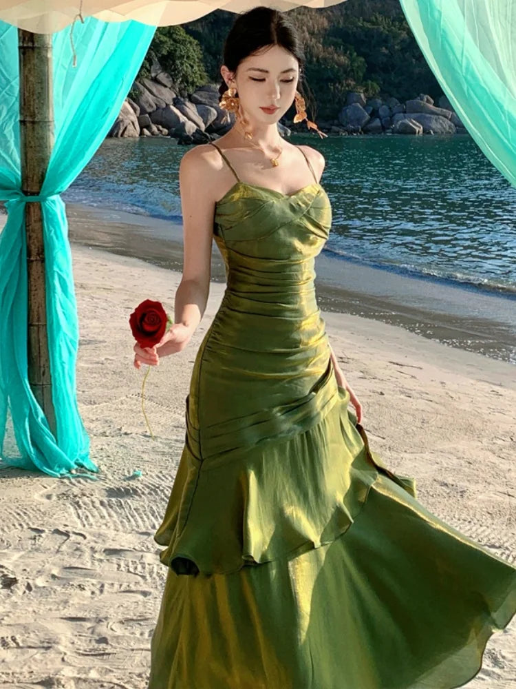 Elegant Ruffle Womens Dresses Sexy Spaghetti Strap Evening Birthday Party Dress Wedding Prom Vestidos Long Robe Female Clothing