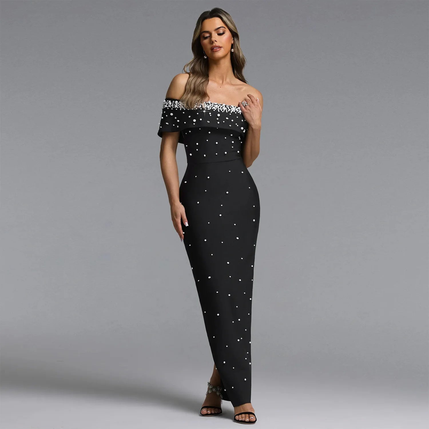 HBLL Black Women Sexy Off The Shoulder Beading Bodycon Long Dress Evening Party Celebrate Birthday Cocktail Gowns Vestidos Longo