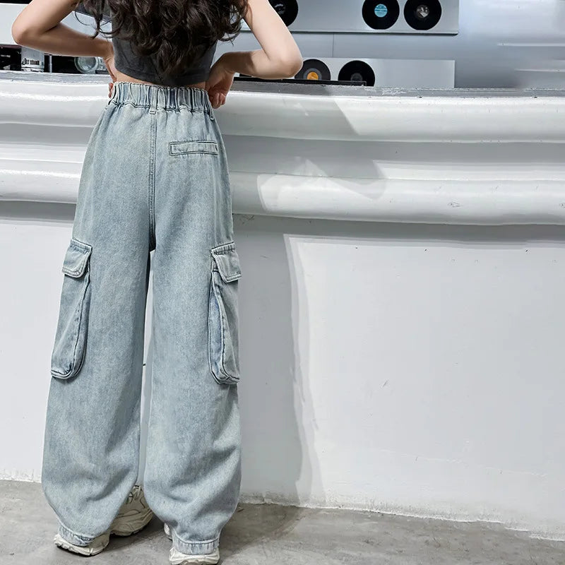 Girls Trousers Big Pocket Jeans 2025 Spring and Summer New Large Children Loose Cargo Pants Stylish Baggy Pants Simple Casual