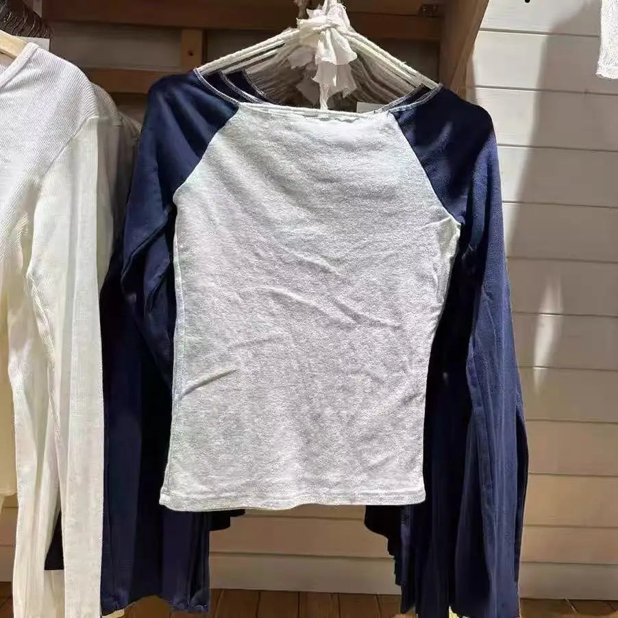 Solid Patchwork Long Sleeve T-shirt Women Summer New Off Shoulder Raw Hem Slim Tee Shirts Preppy Style Simple Casual Tops Tshirt