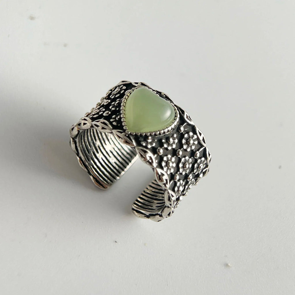 925 Sterling Silver Rings For Women Geometric Fine Jewelry Finger Adjustable Wide Heart Stone Ring For Party Birthday Gift