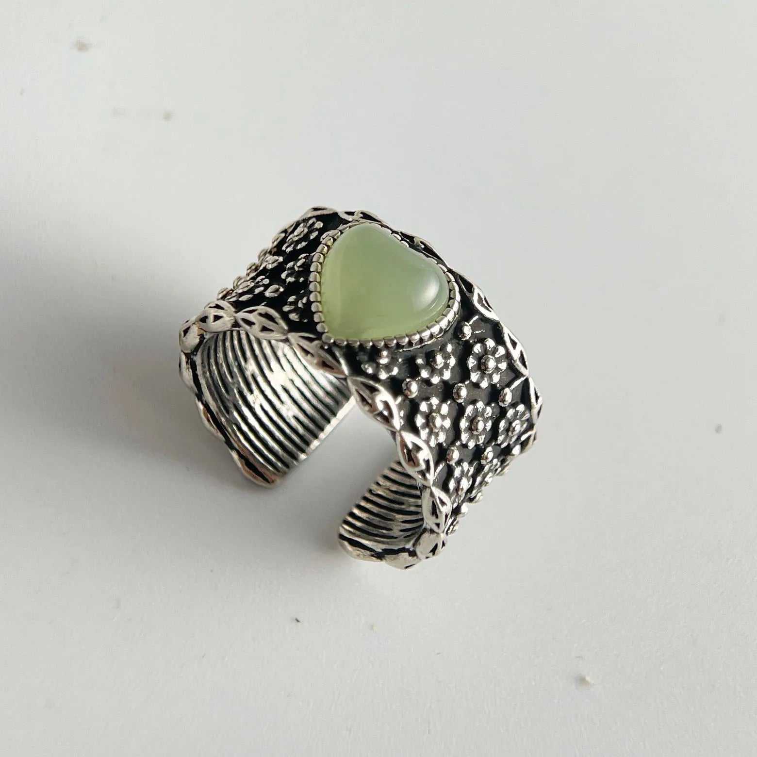 925 Sterling Silver Rings For Women Geometric Fine Jewelry Finger Adjustable Wide Heart Stone Ring For Party Birthday Gift